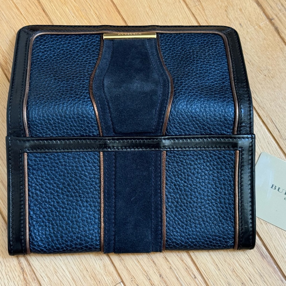 Burberry Prosum bronze Metallic Piping Navy Suade Leather Luxury Wallet VTG - Picture 10 of 16
